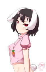 Rule 34 | 1girl, absurdres, akatori (redbird), animal ears, bad id, bad pixiv id, blouse, bottomless, breasts, brown hair, carrot necklace, expressionless, from side, groin, highres, inaba tewi, looking at viewer, looking to the side, necklace, pink shirt, puffy short sleeves, puffy sleeves, rabbit ears, rabbit girl, rabbit tail, red eyes, shirt, short hair, short sleeves, simple background, small breasts, solo, tail, touhou, white background