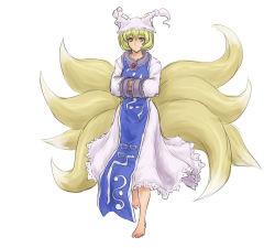 Rule 34 | 1girl, barefoot, blonde hair, dress, female focus, fox tail, full body, hands in opposite sleeves, hat, highres, kuro suto sukii, multiple tails, short hair, simple background, smile, solo, tabard, tail, touhou, white background, yakumo ran, yellow eyes