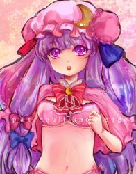 Rule 34 | 1girl, bad id, bad pixiv id, bra, capelet, character name, crescent, crescent moon, female focus, hat, highres, lingerie, long hair, midriff, moon, navel, oneichan, open mouth, patchouli knowledge, purple eyes, purple hair, ribbon, smile, solo, touhou, underwear
