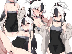 Rule 34 | 1boy, 1girl, arm support, black choker, black dress, black hair, black horns, black nails, blue archive, blush, breasts, breasts out, choker, clothed sex, clothes pull, demon horns, dress, erection, fellatio, grey halo, grey jacket, hair between eyes, halo, hetero, highres, horns, jacket, kayoko (blue archive), kayoko (dress) (blue archive), kumasteam, licking, licking penis, long hair, long sleeves, looking at viewer, multicolored hair, multiple views, nipples, no panties, off shoulder, official alternate costume, open clothes, open mouth, oral, paid reward available, panties, panty pull, penis, penis grab, pulled by self, pussy, red eyes, sex, simple background, small breasts, solo focus, spread legs, sweat, tongue, tongue out, underwear, undressing, vaginal, white background, white hair