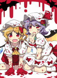 Rule 34 | 2girls, :d, all fours, bad id, bad pixiv id, bat wings, blonde hair, blood, blood on face, blood in hair, blood on hands, blush, bow, fang, flandre scarlet, flower, hair flower, hair ornament, hat, multiple girls, open mouth, petals, purple hair, red eyes, remilia scarlet, rose, short hair, side ponytail, skirt, skirt set, smile, takezaka tarou, touhou, wings, wrist cuffs