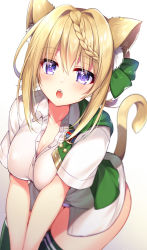 Rule 34 | 1girl, animal ear fluff, animal ears, blonde hair, blush, braid, braided bangs, breasts, cat ears, cat girl, cat tail, cleavage, cloak, fang, green cloak, hair ribbon, highres, kantai collection, medium breasts, open mouth, panties, perth (kancolle), purple eyes, purple panties, ribbon, ringo sui, shirt, short sleeves, simple background, solo, tail, thighhighs, underwear, white background, white shirt