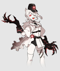 Rule 34 | 1girl, abyssal ship, black hat, black shorts, breast pocket, claws, colored skin, cropped legs, fang, grey background, hair over one eye, hair ribbon, hat, kantai collection, looking at viewer, open mouth, pale skin, pocket, red eyes, remodeled wartime cargo princess, ribbon, shimin, shorts, simple background, solo, thighhighs, white hair, white ribbon, white skin, white thighhighs