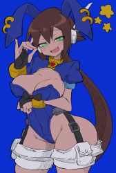 Rule 34 | 1girl, absurdres, aile (mega man zx), arm up, ass, belt, blue background, breasts, buzzlyears, groin, half-closed eyes, highres, huge ass, impossible clothes, large breasts, leotard, long hair, looking at viewer, mega man (series), mega man zx, mega man zx advent, playboy bunny, ponytail, shorts, solo, thick thighs, thighs, wide hips