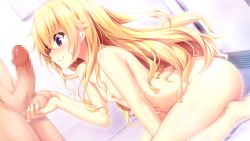 Rule 34 | 1girl, bath, bathroom, blonde hair, blush, breasts, caressing testicles, censored, closed mouth, erection, eurasia of end, from side, game cg, happy, highres, legs, long hair, looking at another, mosaic censoring, navel, nipples, nora to oujo to noraneko heart 2, nose blush, nude, oozora itsuki, original, penis, penis awe, purple eyes, sitting, small breasts, smile, solo focus, standing, steam, testicles, thighs, wet