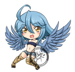 Rule 34 | 10s, 1girl, :d, ahoge, bandeau, blackgeneride, blue hair, blue wings, breasts, chibi, feathered wings, full body, harpy, highres, monster girl, monster musume no iru nichijou, navel, open mouth, papi (monster musume), scales, short shorts, shorts, signature, simple background, small breasts, smile, solo, talons, white background, winged arms, wings, yellow eyes