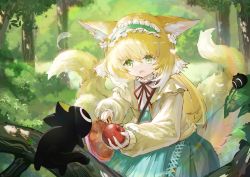 Rule 34 | 1girl, absurdres, animal ear fluff, animal ears, apple, arknights, basket, beifang youyu, black cat, blonde hair, blue hairband, blue skirt, bush, cardigan, cat, chinese commentary, commentary, cowboy shot, creature, emphasis lines, food, forest, fox ears, fox girl, fox tail, frilled hairband, frills, fruit, green eyes, hair between eyes, hairband, heixiu, highres, holding, holding basket, holding food, holding fruit, leaf, long hair, long sleeves, looking at animal, luo xiaohei, multiple tails, nature, neck ribbon, official alternate costume, open cardigan, open clothes, open mouth, outdoors, red ribbon, ribbon, shirt, skirt, sleeves past wrists, solo, suzuran (arknights), suzuran (praise spring) (arknights), suzuran (spring praise) (arknights), tail, luo xiaohei zhanji, white shirt, yellow cardigan