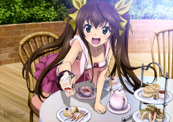 Rule 34 | 10s, 1girl, absurdres, brick wall, brown hair, cake, cake slice, casual, chair, cup, drink, fang, food, fork, fruit, green eyes, highres, hood, hoodie, huang lingyin, infinite stratos, kondou natsuko, long hair, non-web source, official art, open mouth, plate, scones, sleeveless, sleeveless hoodie, solo, strawberry, strawberry shortcake, table, tea, teapot, tiered tray, twintails, very long hair
