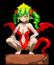 Rule 34 | 1girl, animated, animated gif, black background, breasts, cleavage, crown, green hair, lowres, magic castle re pure aria, monster girl, navel, orange eyes, pixel art, pointy ears, solo, squatting, tail, twintails, wings, yomitim