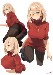 Rule 34 | 1girl, artist name, ass, black footwear, black pantyhose, blonde hair, blush, breasts, christmas, closed mouth, commentary request, crotch seam, earrings, full body, girls&#039; frontline, green eyes, highres, hoop earrings, jewelry, kion-kun, lips, looking at viewer, looking away, medium breasts, medium hair, merry christmas, mole, mole under eye, nail polish, necklace, official alternate costume, one eye closed, open mouth, panties, panties under pantyhose, pantyhose, pink nails, px4 storm (girls&#039; frontline), px4 storm (queen of x&#039;mas morning) (girls&#039; frontline), red panties, red sweater, shoes, sitting, smile, solo, sweater, turtleneck, twitter username, underwear, white background