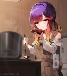 Rule 34 | 1girl, apron, blush, brown apron, character name, commentary request, cooking pot, dress, gradient hair, hair ornament, hairclip, highres, holding, holding ladle, indoors, kantai collection, ladle, long hair, long sleeves, multicolored hair, open mouth, purple hair, simple background, solo, tsushima (kancolle), twitter username, unidentified nk, white dress, yellow eyes