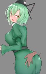 Rule 34 | 1girl, ass, ass grab, black hat, blush, breasts, commentary request, dress, from behind, grabbing another&#039;s ass, green dress, green eyes, green hair, grey background, groping, hair between eyes, hat, highres, large breasts, long sleeves, looking back, nose blush, nyakonro (nekonro), ofuda, puffy long sleeves, puffy sleeves, simple background, soga no tojiko, solo focus, sweatdrop, tate eboshi, touhou