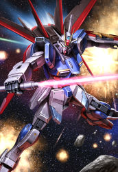 Rule 34 | asteroid, beam saber, blue eyes, explosion, flying, glowing, glowing eyes, gundam, gundam seed, gundam seed destiny, highres, holding, holding sword, holding weapon, impulse gundam, looking down, lotz, mecha, mechanical wings, no humans, open hand, robot, shield, solo, space, sword, v-fin, weapon, wings