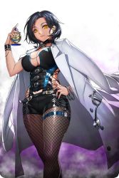 Rule 34 | 1girl, black hair, black shorts, bottle, breasts, cleavage, coat, collarbone, doctor, earrings, fishnet pantyhose, fishnets, fog, garter straps, gauntlets, glasses, hand on own hip, highres, holding, holding bottle, jewelry, lab coat, large breasts, looking at viewer, na yang ho (soccer spirits), nail polish, official art, orange eyes, pantyhose, perfume bottle, resized, short hair, short shorts, shorts, smile, soccer spirits, stethoscope, transparent background, upscaled, vakasatang