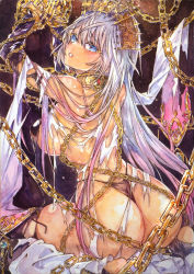 Rule 34 | 1girl, ass, back, bare shoulders, bikini, black bikini, black gloves, black thighhighs, blue eyes, breasts, chain, chikinan tarou, crown, cuffs, dark-skinned female, dark skin, earrings, elbow gloves, fate/grand order, fate (series), gloves, grey hair, highleg, highleg bikini, highres, jewelry, large breasts, long hair, looking at viewer, looking back, neck ring, painting (medium), parted lips, sitting, solo, swimsuit, thighhighs, thighs, traditional media, wariza, watercolor (medium), zenobia (fate)