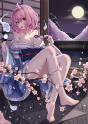 Rule 34 | 1girl, absurdres, bare legs, bare shoulders, barefoot, blue kimono, breasts, cherry blossoms, cleavage, collarbone, feet, floral print, folding fan, full body, full moon, hair between eyes, hand fan, highres, hitodama, holding, huge filesize, japanese clothes, kimono, large breasts, long sleeves, looking at viewer, medium hair, moon, mouth hold, night, obi, off shoulder, outdoors, pink eyes, pink hair, saigyouji yuyuko, sash, sitting, solo, toes, touhou, triangular headpiece, wide sleeves, yuku~