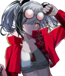Rule 34 | 1girl, absurdres, arknights, arm up, black hair, commentary request, crop top, cropped jacket, eyewear on head, feater (arknights), feater (gourmet) (arknights), grey hair, highres, jacket, long sleeves, looking at viewer, midriff, multicolored hair, official alternate costume, open clothes, open jacket, partial commentary, red jacket, shinonome nemu (nemulog sn), shirt, short hair, simple background, smile, solo, stomach, sunglasses, twintails, upper body, white background, white shirt, yellow eyes