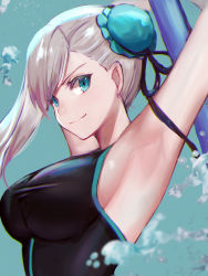 Rule 34 | 1girl, armpits, arms up, asymmetrical hair, black one-piece swimsuit, blue eyes, blurry, blurry foreground, breasts, bun cover, chromatic aberration, commentary request, competition swimsuit, dolce (dolsuke), eyelashes, fate/grand order, fate (series), hair bun, highres, large breasts, long hair, miyamoto musashi (fate), miyamoto musashi (fate/grand order), miyamoto musashi (swimsuit berserker) (fate), miyamoto musashi (swimsuit berserker) (first ascension) (fate), one-piece swimsuit, shadow, sideboob, silver hair, single hair bun, smile, solo, swimsuit, upper body, water