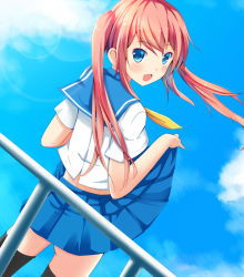 Rule 34 | 1girl, black thighhighs, blue eyes, blush, clothes lift, cloud, day, from behind, looking at viewer, looking back, ok-ray, open mouth, original, pink hair, railing, school uniform, siblings, skirt, skirt lift, sky, solo, thighhighs, twintails