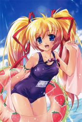 Rule 34 | 1girl, :d, absurdres, bare shoulders, blonde hair, blue eyes, blue one-piece swimsuit, blush, breasts, cowboy shot, day, goggles, hagano ichigo, hair ribbon, happy, highres, holding, holding swim ring, innertube, komatsu eiji, long hair, one-piece swimsuit, open mouth, original, outdoors, ribbon, school swimsuit, sky, smile, solo, standing, swim ring, swimsuit, towel, twintails, unworn goggles, very long hair, water
