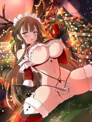 Rule 34 | ahoge, antlers, bare shoulders, barely contained, bell, between breasts, bow, bowtie, box, breasts, brick wall, brown hair, christmas, christmas ornaments, christmas tree, cleft of venus, crotchless, crotchless panties, curvy, detached collar, earrings, elbow gloves, embarrassed, fake antlers, flower-shaped pupils, fluffy collar, frills, functionally nude, gift, gift box, gloves, gluteal fold, hair ornament, headdress, highres, holding, holding gift, holding present, horns, jewelry, lace trim, large breasts, long hair, maid headdress, multicolored hair, navel, nipples, nude, ornament, outstretched arm, outstretched hand, panties, puffy areolae, pussy, reindeer antlers, senran kagura, shiny skin, snow, snowflakes, snowing, split, spread legs, string lights, symbol-shaped pupils, thighhighs, third-party edit, toki (senran kagura), two-tone hair, underboob, underwear, wide hips, wide spread legs, wreath, yaegashi nan