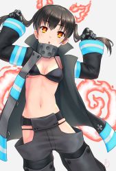 Rule 34 | 1girl, :o, arms up, baggy pants, bikini, black bikini, black coat, black hair, breasts, cat day, cleavage, coat, collarbone, commentary request, contrapposto, cowboy shot, en&#039;en no shouboutai, fiery ears, fiery tail, fire, firefighter jacket, gloves, grey pants, hair between eyes, highres, hip vent, holding, holding own hair, jacket, long hair, long sleeves, looking at viewer, medium breasts, metal gloves, midriff, navel, open clothes, open coat, orange eyes, pants, shinbo etoka, sidelocks, signature, simple background, solo, standing, swimsuit, tail, tamaki kotatsu, twintails, white background