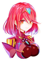 Rule 34 | 1girl, breasts, chest jewel, cropped torso, earrings, highres, jewelry, looking at viewer, pyra (xenoblade), red eyes, red hair, sazanamimi, short hair, simple background, smile, solo, swept bangs, tiara, white background, xenoblade chronicles (series), xenoblade chronicles 2