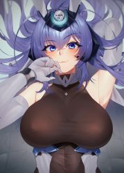 Rule 34 | 1girl, :3, arm behind head, armpits, azur lane, bodystocking, breasts, elbow gloves, gloves, headgear, highres, large breasts, looking at viewer, maitei roppa, new jersey (azur lane), purple eyes, purple hair, skin tight, solo, taut clothes, white gloves