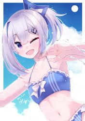 Rule 34 | 1girl, ;d, amane kanata, bikini, blue bikini, blue hair, blue sky, blush, cloud, commentary request, dated, day, dutch angle, frilled bikini, frills, hair between eyes, hair ornament, hairclip, halterneck, hand up, highres, hikawa shou, hololive, looking at viewer, medium hair, multicolored hair, navel, one eye closed, open mouth, pink hair, purple eyes, signature, silver hair, sky, smile, solo, stomach, streaked hair, swimsuit, upper body, virtual youtuber, water