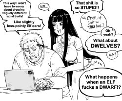 Rule 34 | 1boy, 1girl, absurdres, bb (baalbuddy), black hair, breasts, commentary, computer, english commentary, english text, fight club, greyscale, highres, hime cut, hime cut wife (baalbuddy), hug, laptop, large breasts, long hair, looking at object, monochrome, multiple boys, multiple girls, original, shirt, shorts, speech bubble, typing