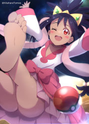 Rule 34 | 1girl, ;d, ass, bare legs, barefoot, black hair, blurry, blush stickers, commentary request, creatures (company), dark-skinned female, dark skin, eyelashes, foot focus, game freak, glint, happy, iris (pokemon), kitahara tomoe (kitahara koubou), long hair, looking at viewer, nintendo, one eye closed, open mouth, pink skirt, poke ball, poke ball (basic), pokemon, pokemon bw2, red eyes, shirt, skirt, smile, soles, solo, teeth, tiara, toes, upper teeth only, white shirt, wide sleeves