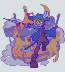 Rule 34 | 1girl, arm up, black footwear, black pants, black vest, blonde hair, blue cape, blue hat, boots, cape, carousel, cavalier hat, cloud, collared shirt, color8838, don quixote (project moon), full body, hat, highres, holding, holding sword, holding weapon, limbus company, open mouth, pants, project moon, rapier, shirt, short hair, simple background, smile, solo, sword, vest, weapon, white background, white shirt, yellow eyes