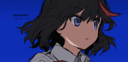 Rule 34 | 1girl, 2020, black hair, blue background, blue eyes, collared shirt, copyright name, dated, dot nose, dress shirt, english text, female focus, highres, japanese text, kill la kill, long image, looking to the side, matoi ryuuko, multicolored hair, open mouth, portrait, red hair, shadow, shirt, simple background, solo, streaked hair, takatisakana, tareme, translation request, white shirt, wide image