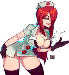 Rule 34 | 1girl, between breasts, bra, breasts, cleavage, collarbone, cosplay, cowboy shot, fkiller, gloves, hair over one eye, hand on own thigh, hat, highres, lace, lace-trimmed bra, lace trim, large breasts, leaning forward, long hair, nurse cap, parasoul (skullgirls), skullgirls, smile, solo, thermometer, thighhighs, underwear, valentine (skullgirls), valentine (skullgirls) (cosplay), yellow eyes