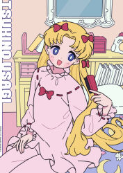 Rule 34 | 1girl, :d, bed, bishoujo senshi sailor moon, blonde hair, blue eyes, bow, brushing hair, character name, commentary, dated, hair bow, hair brush, highres, holding, holding brush, indoors, long hair, long sleeves, mirror, neki (wakiko), on bed, open mouth, pants, parted bangs, pillow, pink pants, pink shirt, puffy long sleeves, puffy sleeves, red bow, ribbon-trimmed shirt, ribbon-trimmed sleeves, ribbon trim, shirt, sitting, sleeves past wrists, smile, solo, tsukino usagi, twitter username, very long hair