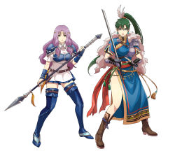 Rule 34 | 2girls, absurdres, blue footwear, boots, brown footwear, cirenk, closed mouth, commission, fire emblem, fire emblem: the blazing blade, florina (fire emblem), green hair, highres, holding, holding spear, holding sword, holding weapon, knee boots, long hair, looking at viewer, lyn (fire emblem), multiple girls, nintendo, polearm, ponytail, purple hair, spear, sword, thigh boots, thighhighs, thighs, weapon