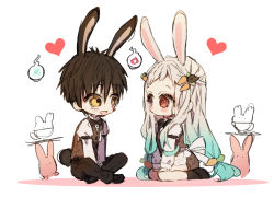 Rule 34 | 1boy, 1girl, :d, animal, animal ears, black bow, black bowtie, black footwear, black legwear, black pants, black shorts, blue hair, bow, bowtie, brown eyes, brown vest, rabbit, carrot hair ornament, closed mouth, eye contact, food-themed hair ornament, gradient hair, grey hair, hair ornament, hanako (jibaku shounen hanako-kun), heart, jibaku shounen hanako-kun, juliet sleeves, kemonomimi mode, long hair, long sleeves, looking at another, magatama, magatama hair ornament, multicolored hair, ofuda, open mouth, pants, piyokichi, puffy sleeves, rabbit boy, rabbit ears, rabbit tail, shirt, shoes, short shorts, shorts, smile, socks, tail, very long hair, vest, white background, white shirt, yashiro nene