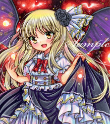 Rule 34 | 1girl, :d, alternate costume, bat wings, black flower, black rose, black skirt, blonde hair, blush, bow, bowtie, buttons, cowboy shot, fang, flower, frilled shirt, frills, hair flower, hair ornament, kurumi (touhou), long hair, looking at viewer, marker (medium), open mouth, puffy short sleeves, puffy sleeves, red bow, red bowtie, rose, rui (sugar3), sample watermark, shirt, short sleeves, skirt, skirt hold, smile, solo, spread wings, standing, straight hair, touhou, touhou (pc-98), traditional media, very long hair, watermark, white shirt, wings, yellow eyes