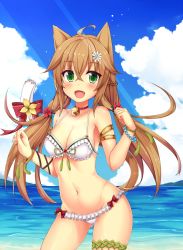 Rule 34 | 1girl, ahoge, animal ears, arched back, beach, bell, bikini, blue sky, bow, bracelet, braid, breasts, brown eyes, cat ears, cat tail, cleavage, cloud, collar, collarbone, commentary request, cowboy shot, day, enokorogusa (flower knight girl), fang, flower, flower knight girl, frilled bikini, frills, green eyes, hair between eyes, hair flower, hair ornament, highres, jewelry, kida kuro mu, legs apart, long hair, medium breasts, navel, neck bell, open mouth, outdoors, red bow, red collar, sky, solo, standing, stomach, swimsuit, tail, tail bow, tail ornament, thigh strap, twintails, water, white bikini
