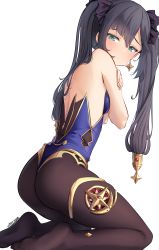 Rule 34 | 1girl, aqua eyes, ass, back, bare arms, bare shoulders, black hair, blue leotard, bow, breasts, brown pantyhose, genshin impact, gold trim, hair bow, highleg, highleg leotard, highres, kneeling, leotard, long hair, looking at viewer, looking back, mona (genshin impact), no shoes, pantyhose, sidelocks, simple background, small breasts, solo, steeb, strapless, strapless leotard, thighlet, twintails, white background