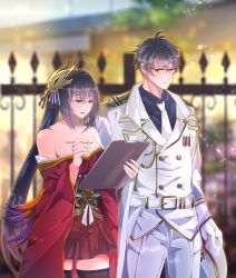Rule 34 | 1boy, 1girl, absurdres, ahoge, azur lane, bare shoulders, belt, black hair, black shirt, blurry, blurry background, breasts, cleavage, coat, commander (azur lane), commission, feathers, glasses, gloves, gold trim, highres, holding, holding notepad, holding pen, jacket, japanese clothes, kimono, large breasts, long hair, mask, mask on head, military, military uniform, naval uniform, necktie, notepad, off shoulder, open clothes, open coat, outdoors, pants, pen, red eyes, red kimono, red skirt, second-party source, shiny skin, shirt, short hair, skirt, taihou (azur lane), thighhighs, uniform, very long hair, white belt, white coat, white gloves, white jacket, white neckwear, white pants, wide sleeves, worufie, zettai ryouiki