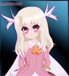 Rule 34 | 1girl, 3d, bare shoulders, blonde hair, blush, cape, dress, fate/kaleid liner prisma illya, fate (series), female focus, gloves, gs-mantis, hair ornament, hair scrunchie, heart, heart-shaped pupils, illyasviel von einzbern, light smile, lipstick, long hair, looking at viewer, magical girl, makeup, necktie, orange tie, pink dress, pink gloves, pink outfit, red eyes, scrunchie, solo, standing, symbol-shaped pupils, text focus, white hair, wide-eyed