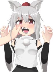 Rule 34 | 1girl, absurdres, animal ear fluff, animal ears, blouse, blush, cheek pinching, claw pose, detached sleeves, fangs, female focus, grey hair, hair between eyes, hat, highres, inubashiri momiji, looking at viewer, mouth pull, open mouth, pinching, red eyes, shirt, simple background, solo focus, teeth, tongue, topadori, touhou, white background, white shirt, wolf ears