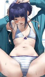 Rule 34 | 1girl, absurdres, arm up, audio jack, bikini, black eyes, black hair, blue cardigan, blunt bangs, blush, boku no hero academia, breasts, cardigan, hands up, highres, jirou kyouka, long earlobes, navel, open cardigan, open clothes, open mouth, short hair, sidelocks, sitting, small breasts, solo, spread legs, squiggle, sweat, swimsuit, zd (pixiv6210083)