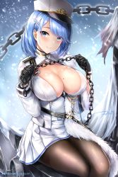Rule 34 | 1girl, azur lane, black gloves, black pantyhose, blue eyes, blue hair, blush, breasts, chain, chapayev (azur lane), cleavage, gloves, hat, head tilt, holding, jacket, large breasts, long sleeves, looking at viewer, military hat, mole, mole on breast, pantyhose, peaked cap, rei kun, short hair, sitting, smile, snowing, solo, white hat, white jacket