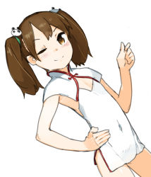 Rule 34 | 1girl, absurdres, armpit cutout, bare arms, blush, brown eyes, brown hair, china dress, chinese clothes, cleavage cutout, closed mouth, clothing cutout, co botan, cowboy shot, dress, flat chest, groin, hand on own hip, hand up, highres, kantai collection, light blush, looking at viewer, medium hair, microdress, one eye closed, petite, ryuujou (kancolle), short sleeves, short twintails, side slit, simple background, skin tight, slit pupils, smile, solo, standing, twintails, white background, white dress