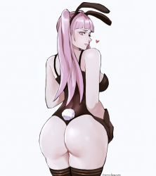 Rule 34 | 1girl, animal ears, ass, backboob, breasts, rabbit ears, rabbit tail, fake animal ears, female focus, fire emblem, fire emblem: three houses, gloves, heart, highres, hilda valentine goneril, huge ass, long hair, looking back, matching hair/eyes, nintendo, pink eyes, pink hair, playboy bunny, simple background, solo, tail, thighhighs, thong, tommy (kingdukeee), twintails, twitter username, white background