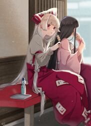 Rule 34 | 2girls, black hair, blunt bangs, blush stickers, bottle, bow, bowtie, chewing, collared shirt, commentary request, dango, eating, feet out of frame, food, fujiwara no mokou, grey shirt, grey sleeves, hair bow, high-waist pants, highres, hime cut, holding, holding food, holding ice cream cone, houraisan kaguya, ice cream cone, indoors, juliet sleeves, long hair, long skirt, long sleeves, looking at food, looking outside, mokoiscat, multiple girls, multiple hair bows, ofuda, ofuda on clothes, on bench, pants, pink shirt, pink sleeves, puffy pants, puffy sleeves, red eyes, red garter, red pants, red skirt, shirt, sitting, skirt, sleeve garter, straight hair, suspenders, touhou, tray, very long hair, wagashi, water bottle, white bow, white bowtie, white hair, wide sleeves