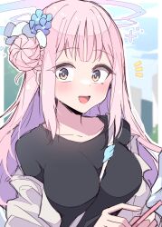 Rule 34 | 1girl, :d, alternate costume, between breasts, black shirt, blue archive, blunt bangs, blurry, blush, breasts, casual, collarbone, commentary request, depth of field, flower, hair bun, hair flower, hair ornament, hair scrunchie, halo, highres, himiya jouzu, large breasts, long hair, long sleeves, looking at viewer, medium breasts, mika (blue archive), one side up, open mouth, pink hair, scrunchie, shirt, sidelocks, single side bun, sketch, smile, solo, strap between breasts, surprised, sweatdrop, yellow eyes