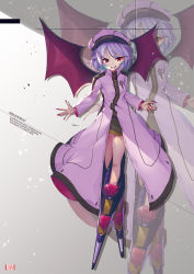 Rule 34 | 1girl, artist logo, artist name, bad hands, bat wings, blue hair, bob cut, cabbie hat, character name, commentary request, contemporary, dress, emblem, english text, fang, fingernails, grin, hat, highres, light particles, long dress, long sleeves, looking at viewer, mechanical boots, multicolored footwear, nail polish, pink dress, pink hat, purple wings, red eyes, red nails, remilia scarlet, sharp fingernails, short hair, smile, solo, spread wings, tendou kaoru, touhou, v-shaped eyebrows, wings, zoom layer